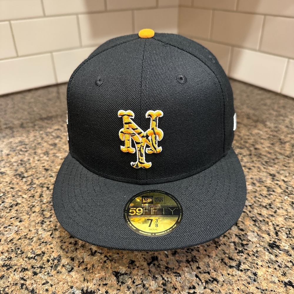 New York Mets New Era 59FIFTY Hat 7 3/8‎ Black Orange Tiger Stripe 1986 WS New